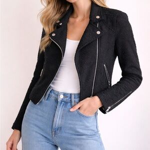 Rebecca Taylor Black Boucle Moto Jacket Cropped Asymmetric Zip